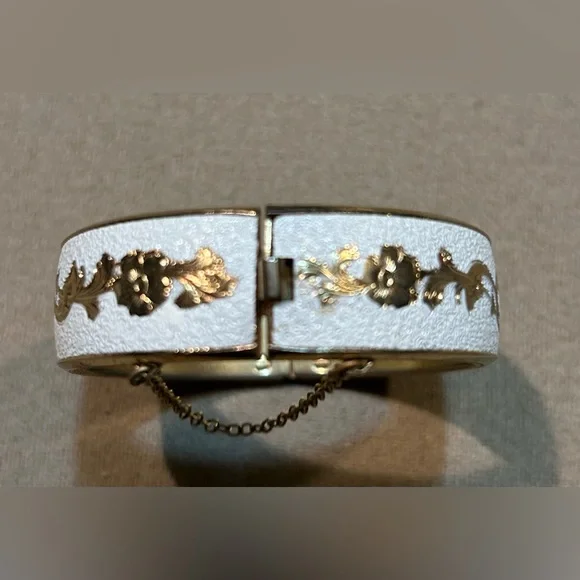 Gold Bangle Bracelet Coated in White with Gold Floral Accents. Clasp Closure - Picture 4 of 6